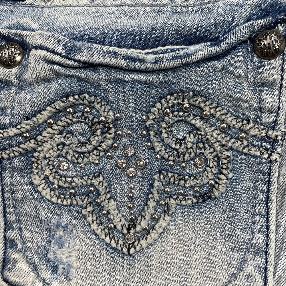 🔥Y2K Rerock Express Flare Bootcut Jeans Low Rise Rhinestone Stretch Distress - Picture 7 of 15